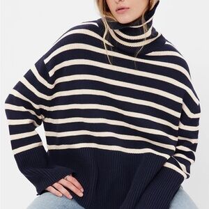 GAP Navy and Cream Striped Split Hem Turtleneck Sweater